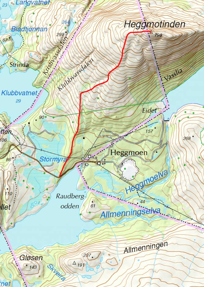 Kart med inntegnet rute til Heggmotinden